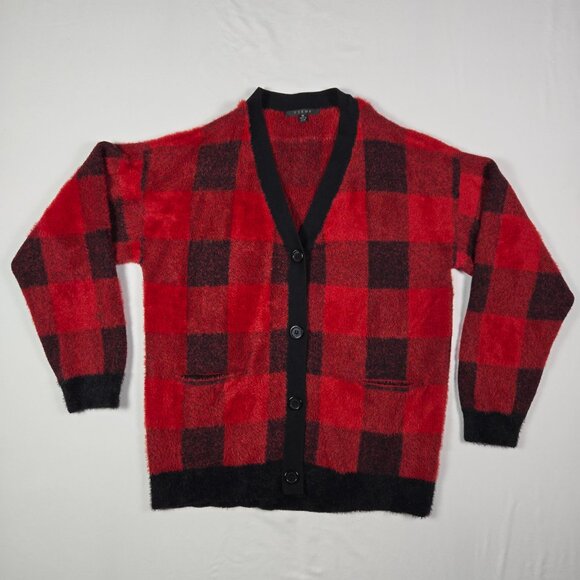Cyrus Women’s XL Red Black Buffalo Plaid Cardigan Sweater Soft Fuzzy Knit Pocket - Picture 5 of 9